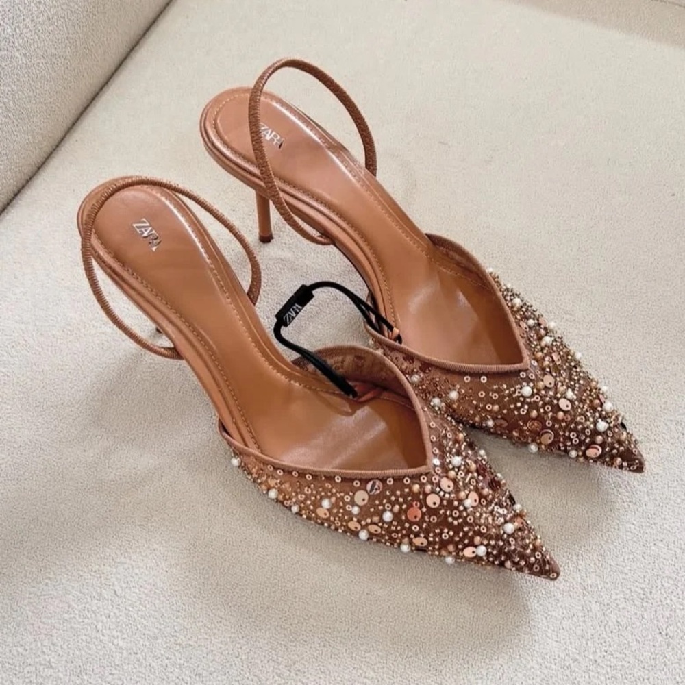 Zara pearl beaded embellished slingback pointed toe kitten heels - Picture 8 of 8
